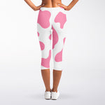 Pastel Pink And White Cow Print Women's Capri Leggings