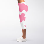 Pastel Pink And White Cow Print Women's Capri Leggings