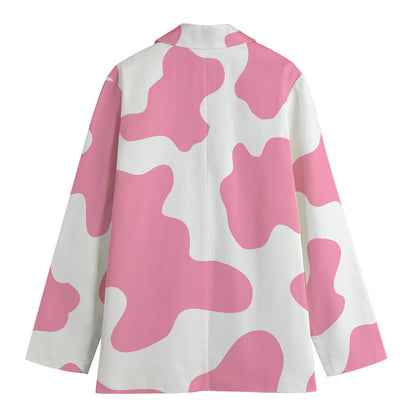 Pastel Pink And White Cow Print Women's Cotton Blazer