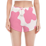 Pastel Pink And White Cow Print Women's Split Running Shorts