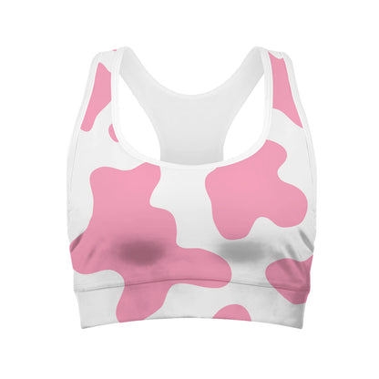 Pastel Pink And White Cow Print Women's Sports Bra