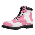 Pastel Pink And White Cow Print Padded Collar Lace Up Boots
