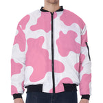 Pastel Pink And White Cow Print Zip Sleeve Bomber Jacket