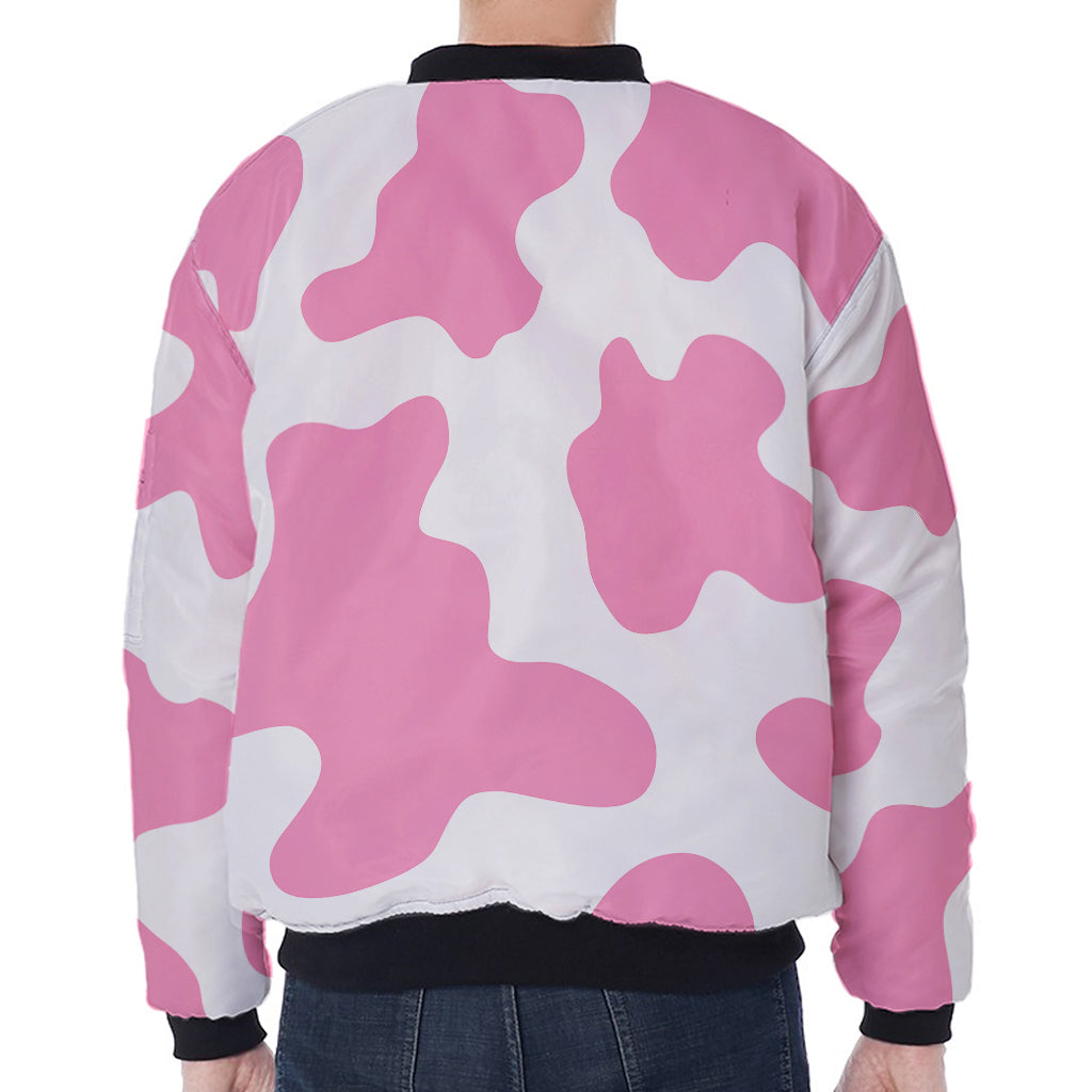 Pastel Pink And White Cow Print Zip Sleeve Bomber Jacket