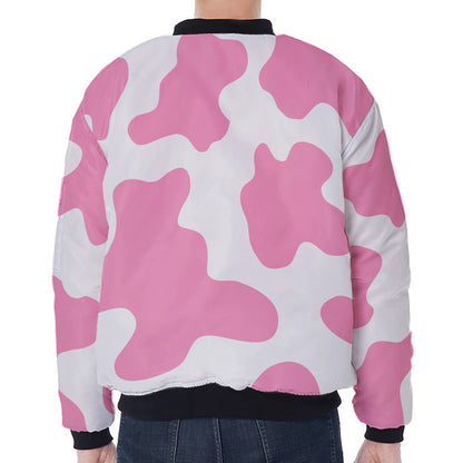 Pastel Pink And White Cow Print Zip Sleeve Bomber Jacket