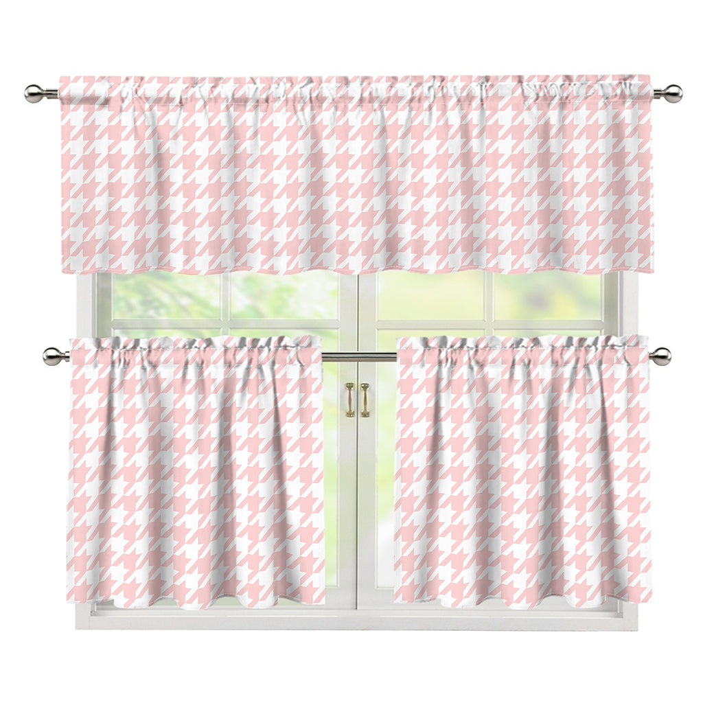 Pastel Pink And White Houndstooth Print 3 Piece Kitchen Curtains