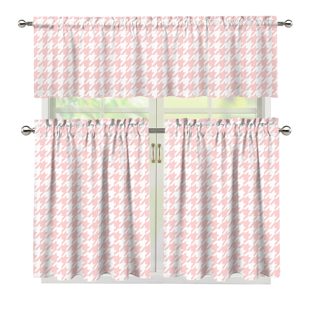 Pastel Pink And White Houndstooth Print 3 Piece Kitchen Curtains