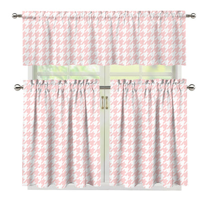 Pastel Pink And White Houndstooth Print 3 Piece Kitchen Curtains