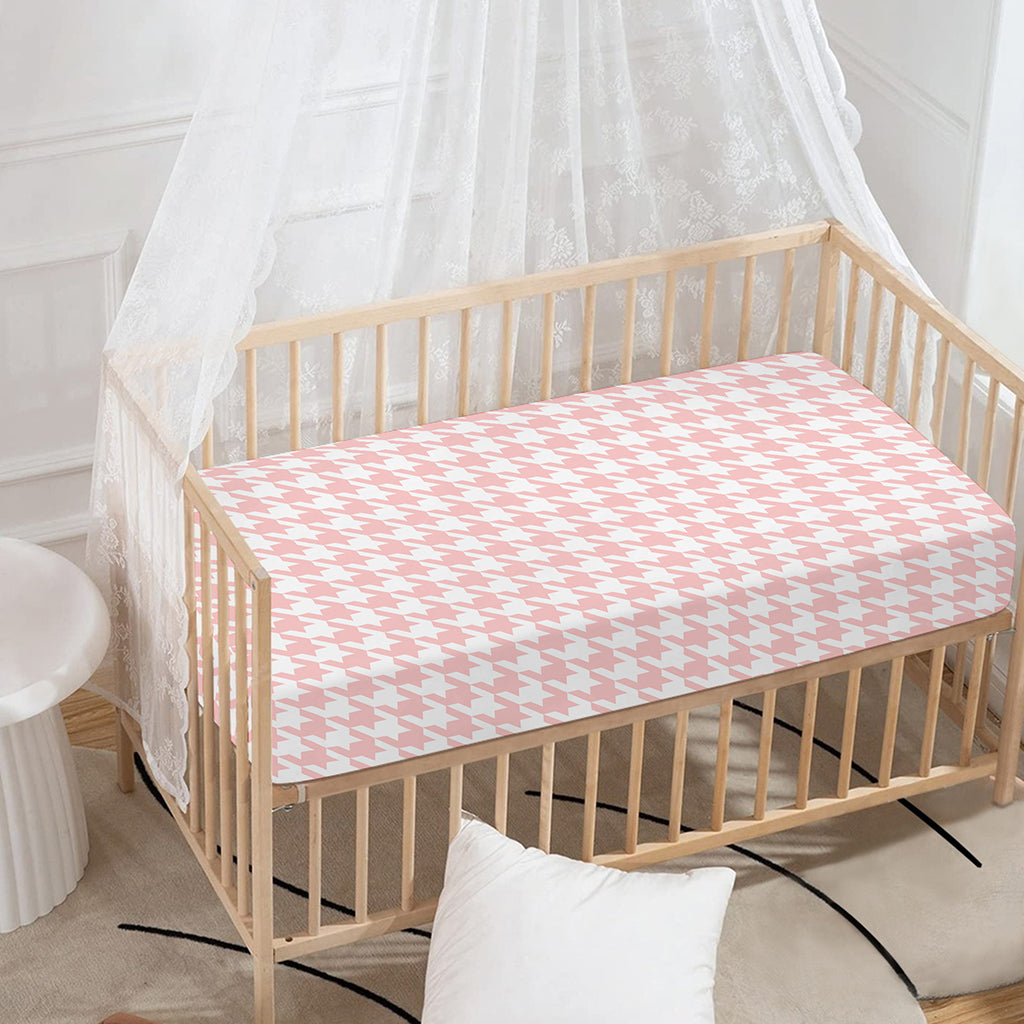 Pastel Pink And White Houndstooth Print Baby Crib Sheet