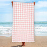 Pastel Pink And White Houndstooth Print Beach Towel