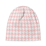 Pastel Pink And White Houndstooth Print Beanie