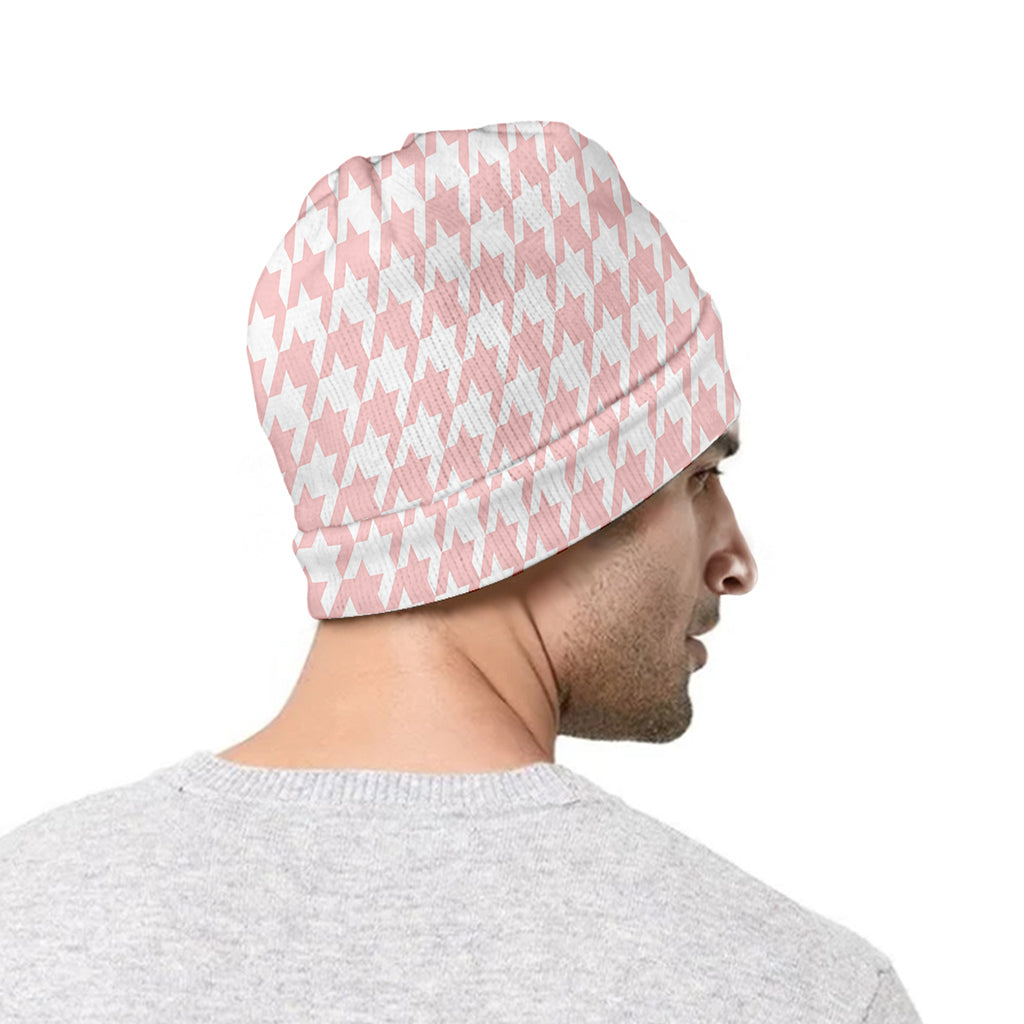 Pastel Pink And White Houndstooth Print Beanie