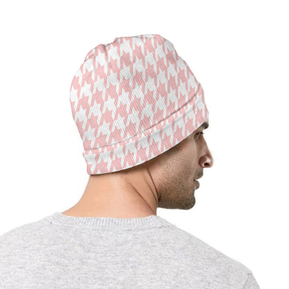Pastel Pink And White Houndstooth Print Beanie