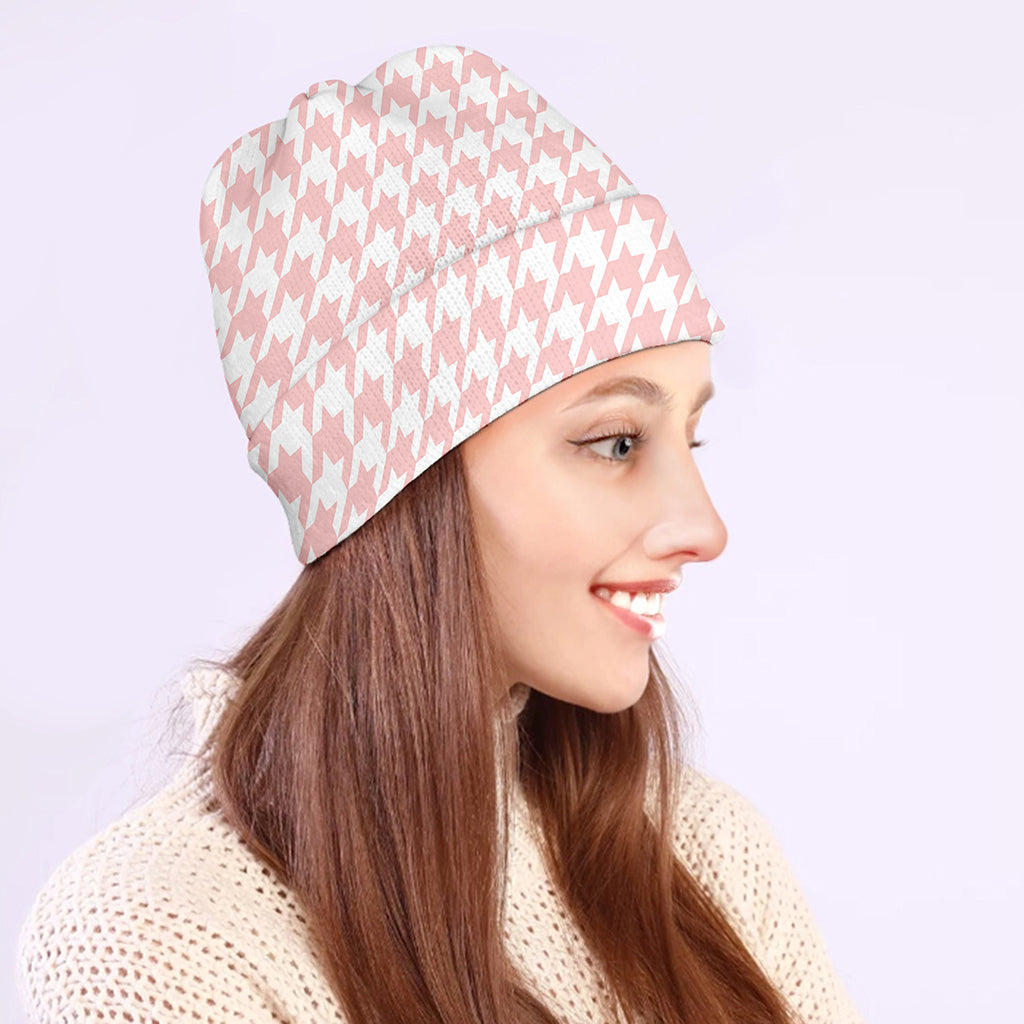 Pastel Pink And White Houndstooth Print Beanie