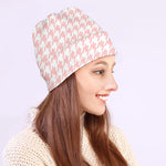 Pastel Pink And White Houndstooth Print Beanie