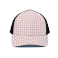 Pastel Pink And White Houndstooth Print Black Mesh Trucker Hat
