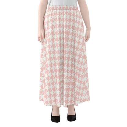 Pastel Pink And White Houndstooth Print Chiffon Maxi Skirt
