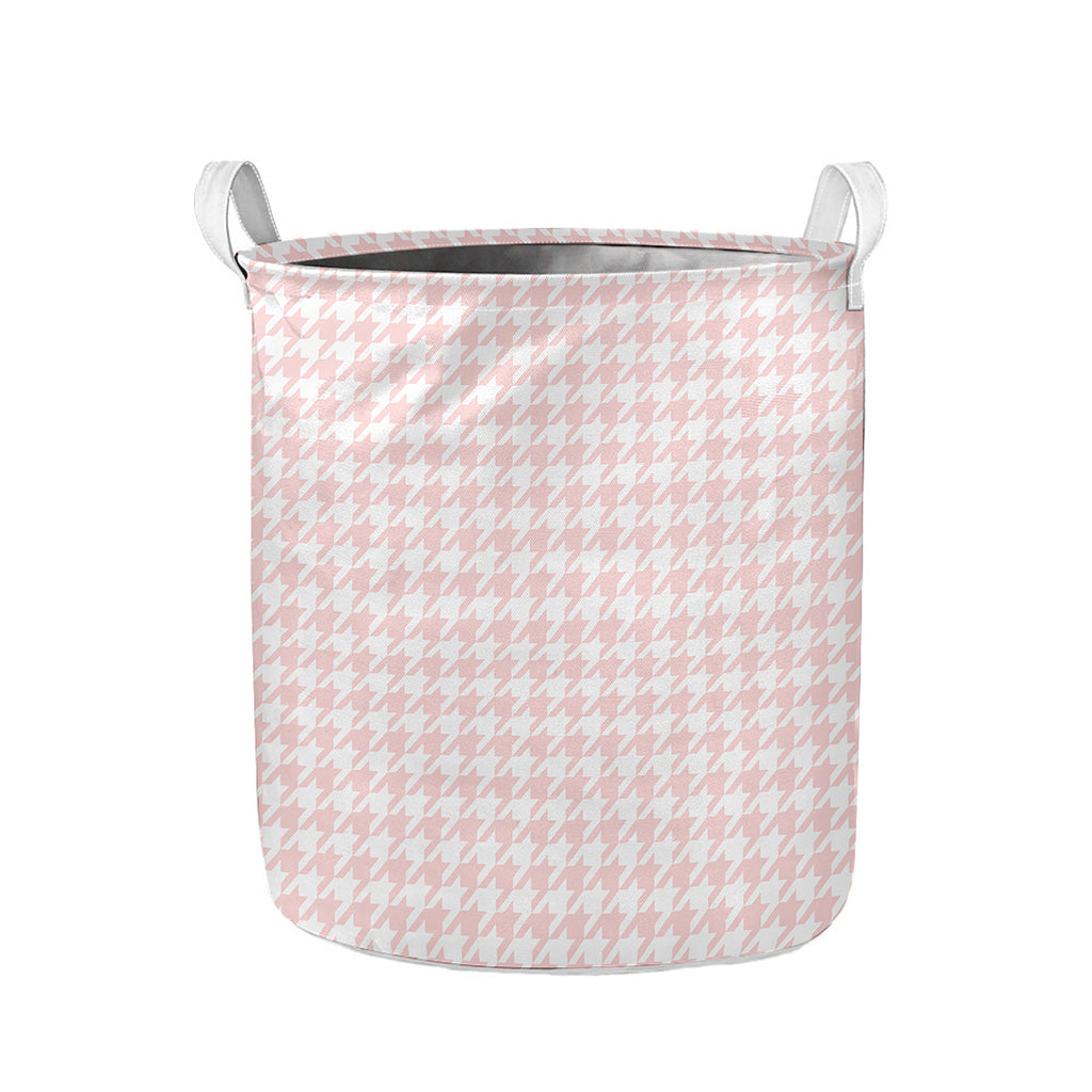 Pastel Pink And White Houndstooth Print Collapsible Laundry Basket