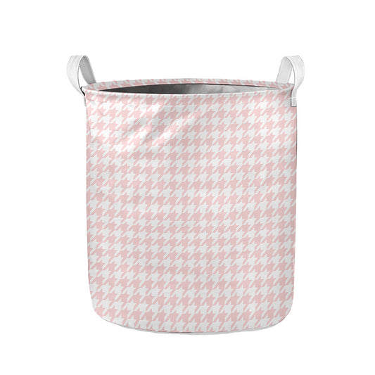 Pastel Pink And White Houndstooth Print Collapsible Laundry Basket