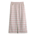 Pastel Pink And White Houndstooth Print Cotton Front Slit Maxi Skirt