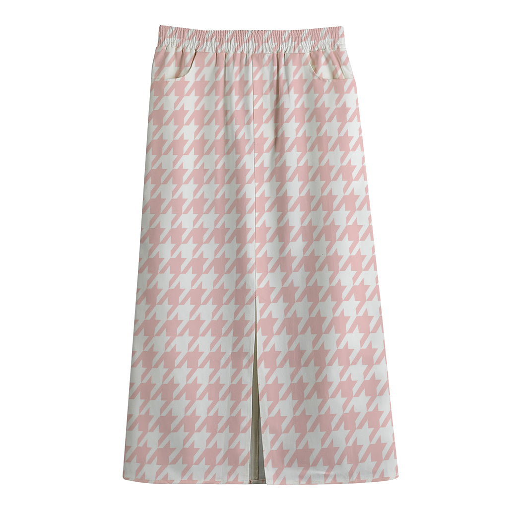 Pastel Pink And White Houndstooth Print Cotton Front Slit Maxi Skirt