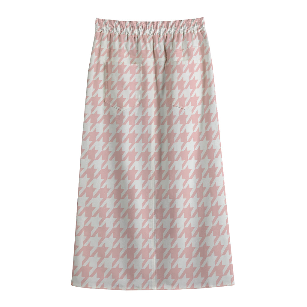 Pastel Pink And White Houndstooth Print Cotton Front Slit Maxi Skirt
