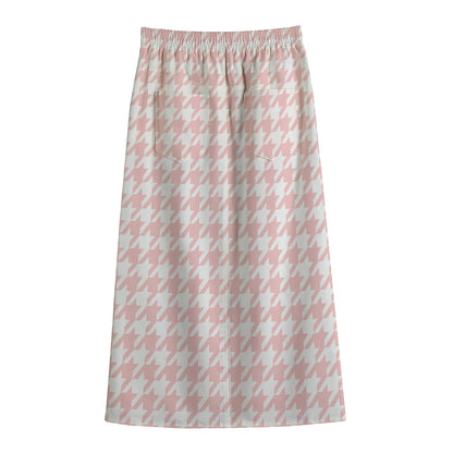 Pastel Pink And White Houndstooth Print Cotton Front Slit Maxi Skirt