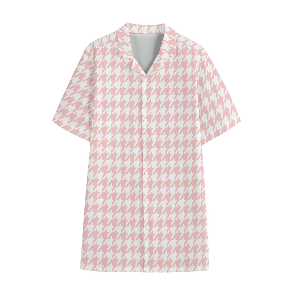Pastel Pink And White Houndstooth Print Cotton Hawaiian Shirt