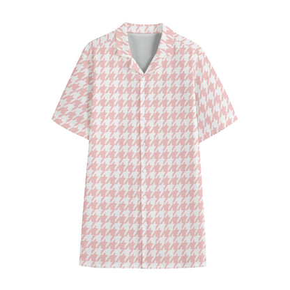 Pastel Pink And White Houndstooth Print Cotton Hawaiian Shirt