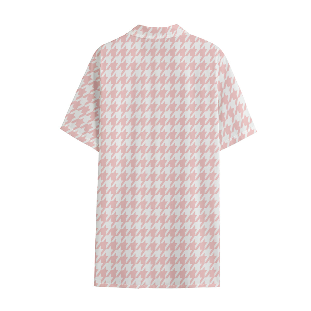 Pastel Pink And White Houndstooth Print Cotton Hawaiian Shirt