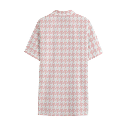 Pastel Pink And White Houndstooth Print Cotton Hawaiian Shirt
