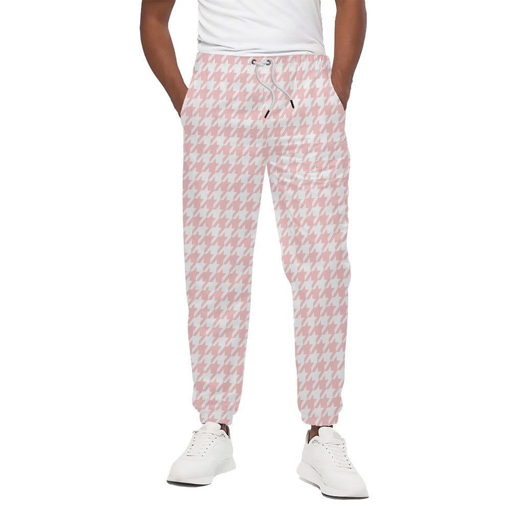 Pastel Pink And White Houndstooth Print Cotton Pants