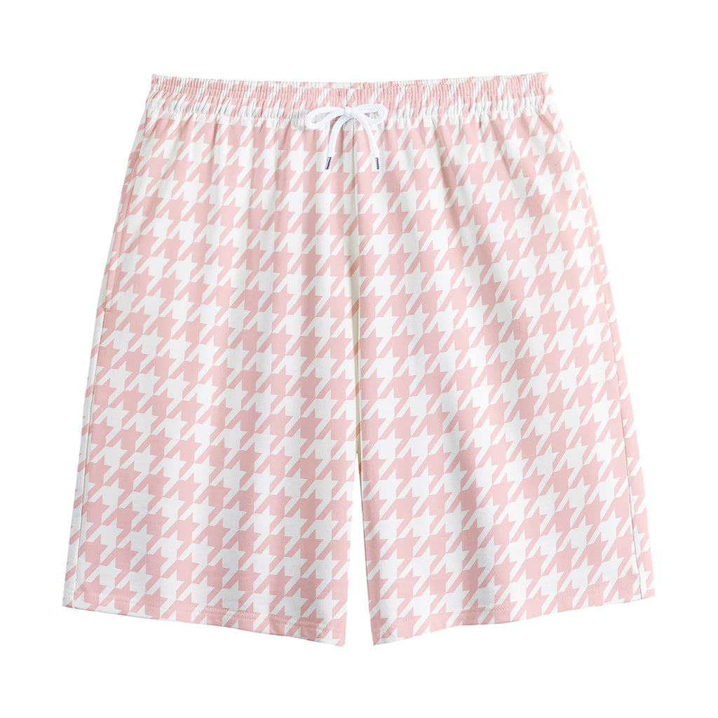 Pastel Pink And White Houndstooth Print Cotton Shorts
