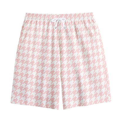 Pastel Pink And White Houndstooth Print Cotton Shorts