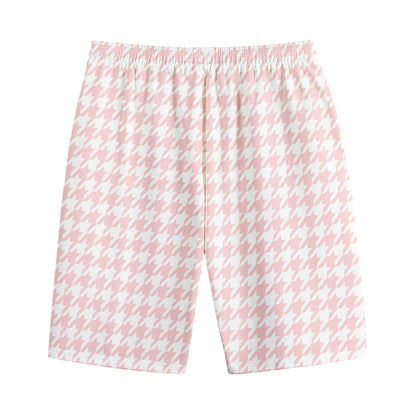 Pastel Pink And White Houndstooth Print Cotton Shorts