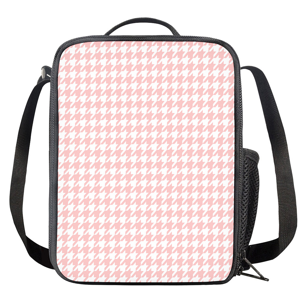 Pastel Pink And White Houndstooth Print Crossbody Lunch Bag