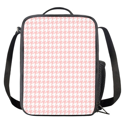 Pastel Pink And White Houndstooth Print Crossbody Lunch Bag