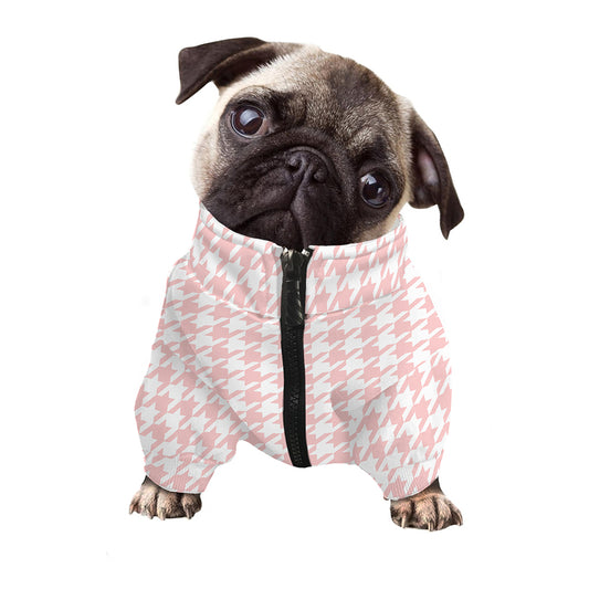 Pastel Pink And White Houndstooth Print Dog Zip Up Jacket