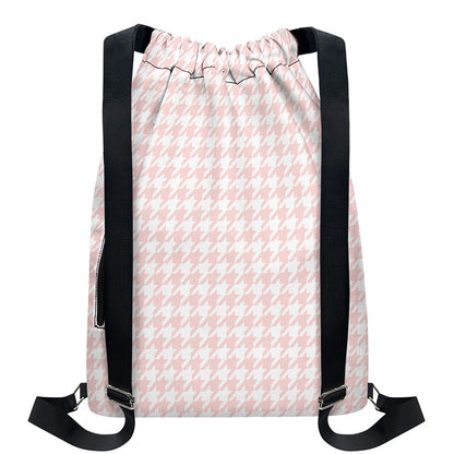 Pastel Pink And White Houndstooth Print Drawstring Backpack