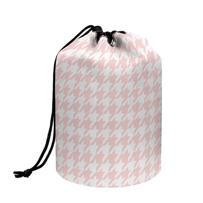 Pastel Pink And White Houndstooth Print Drawstring Makeup Bag