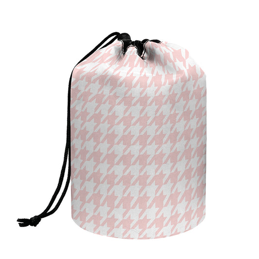 Pastel Pink And White Houndstooth Print Drawstring Makeup Bag