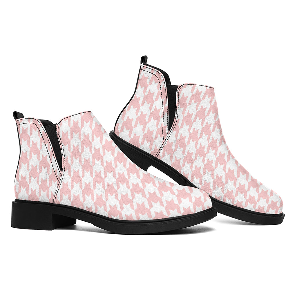 Pastel Pink And White Houndstooth Print Flat Ankle Boots