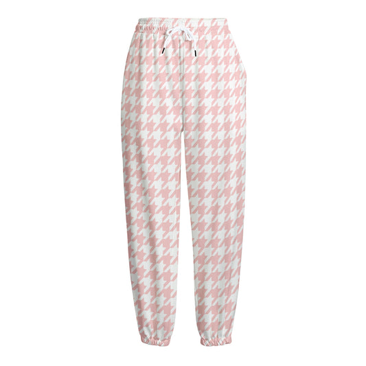 Pastel Pink And White Houndstooth Print Fleece Lined Knit Pants