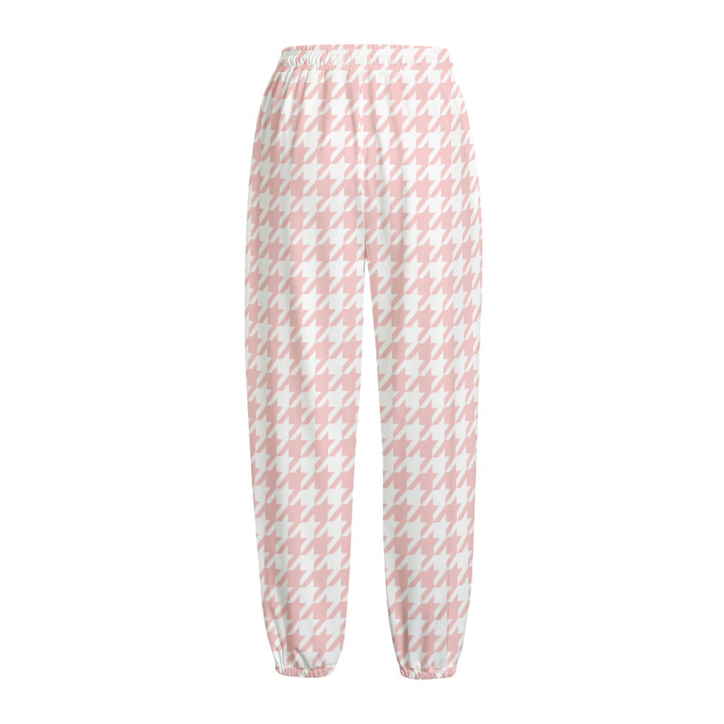 Pastel Pink And White Houndstooth Print Fleece Lined Knit Pants