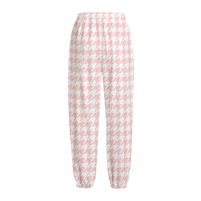 Pastel Pink And White Houndstooth Print Fleece Lined Knit Pants