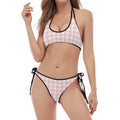 Pastel Pink And White Houndstooth Print Halter Scoop Tie Side Bikini