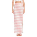 Pastel Pink And White Houndstooth Print High Slit Maxi Skirt