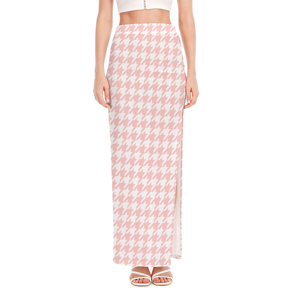Pastel Pink And White Houndstooth Print High Slit Maxi Skirt