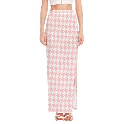 Pastel Pink And White Houndstooth Print High Slit Maxi Skirt