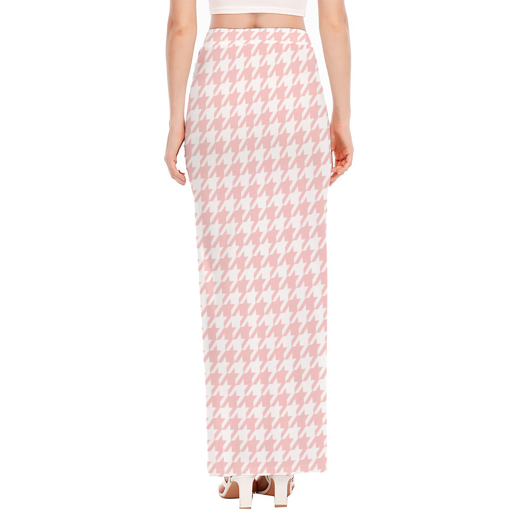 Pastel Pink And White Houndstooth Print High Slit Maxi Skirt